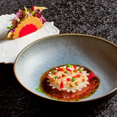Kohlrabi and goat's cheese dish at Woven by Adam Smith, Coworth Park