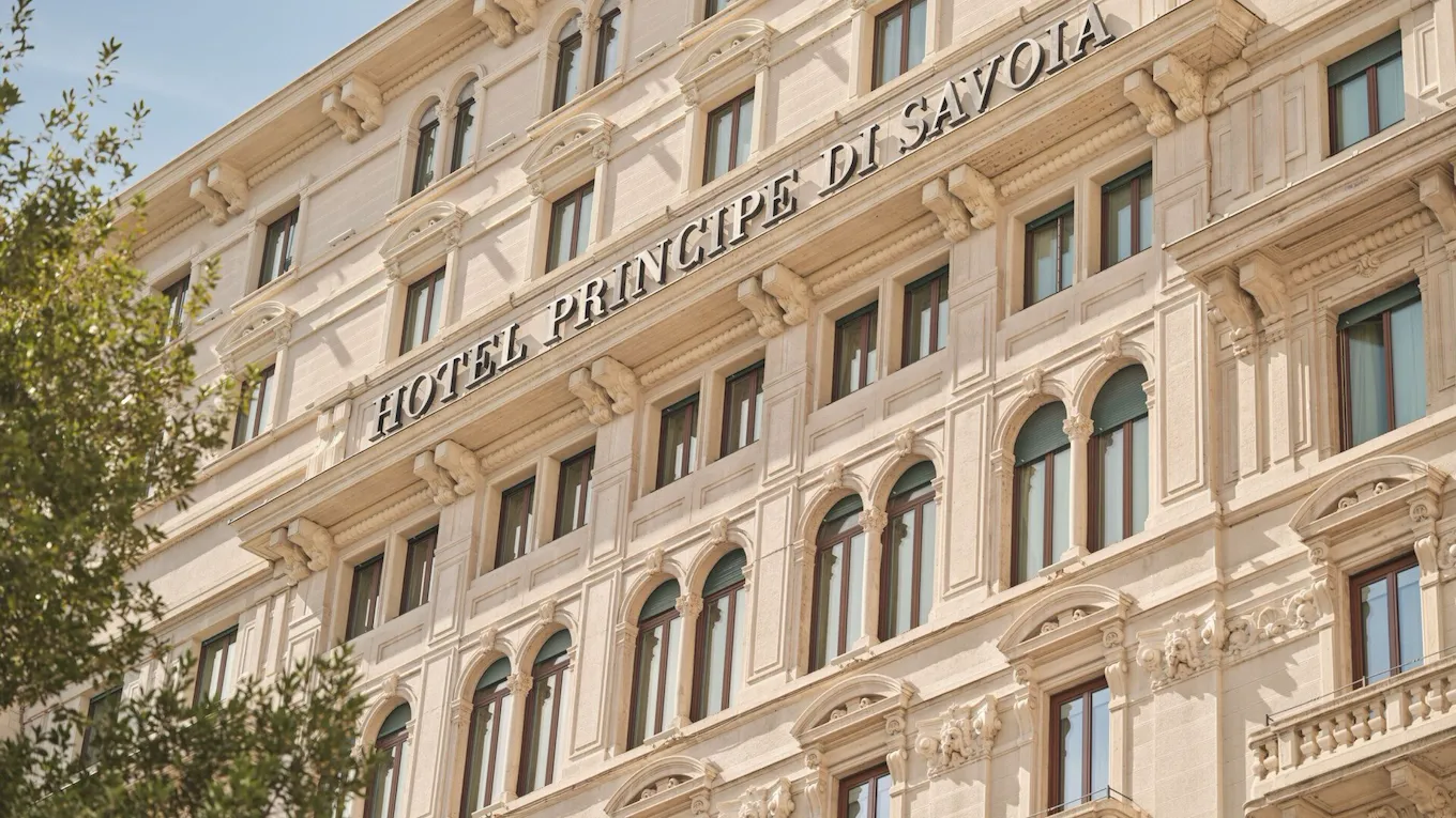 Our neoclassical facade, with a blue sky in the background.