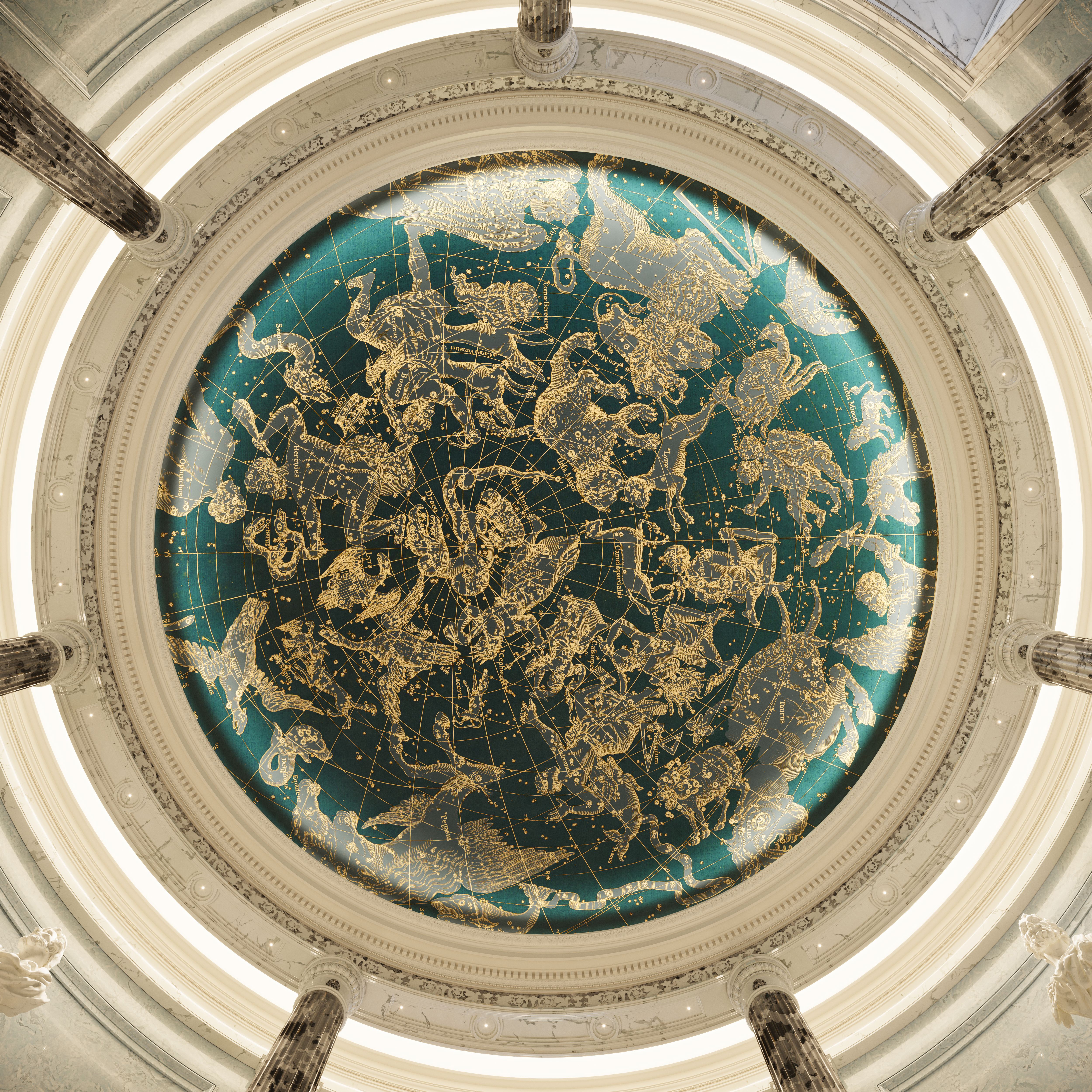 a hand-painted trompe-l'œil celestial fresco on the ceiling dome of the entrance rotunda at 1 Mayfair