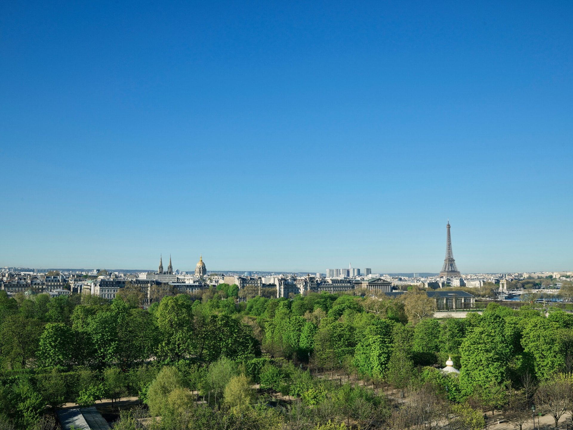 View from an executive room,  with the Tuileries gardens in the forefront and the Eiffel Tower in the back. At Le Meurice, Paris.