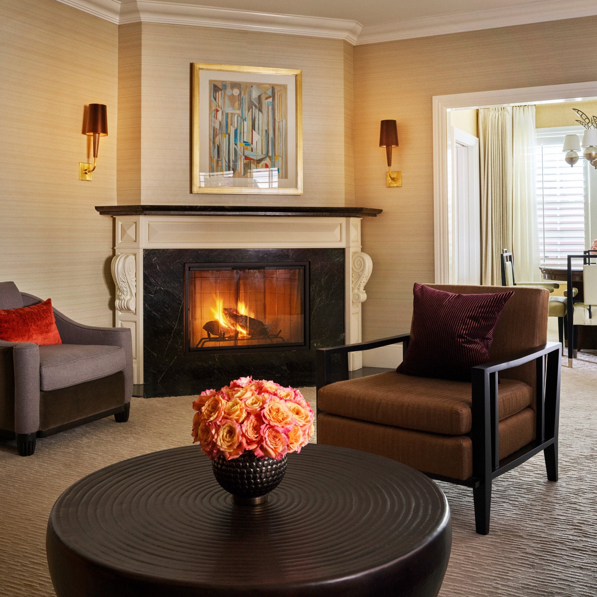 Crescent Bungalow Suite Living area with fireplace  at The Beverly Hills Hotel, Los Angeles