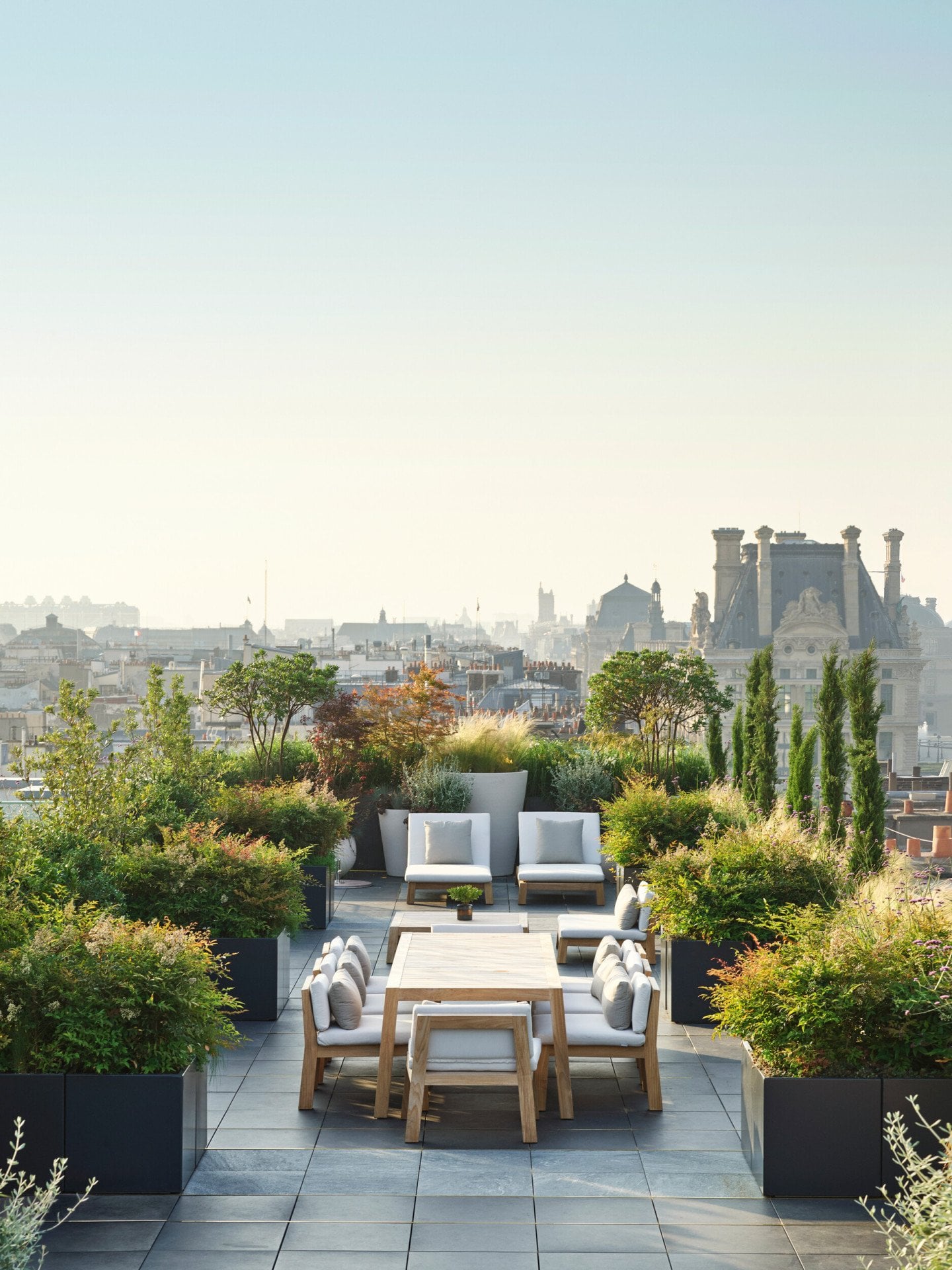 Aerial view of the rooftop of the Belle Etoile suite at Le Meurice, Paris.