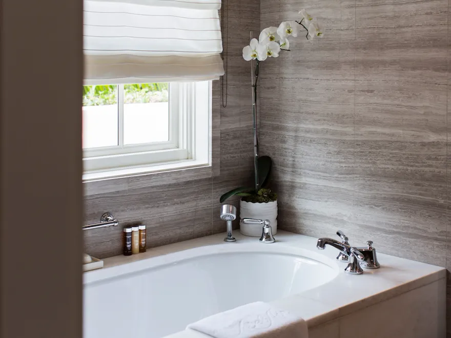 Marble bathrooms with double vanity and deep soaking tubs