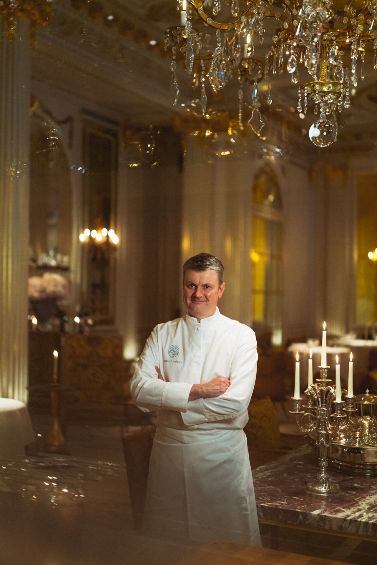Portrait of Jocelyn Herland in the Jean Imbert au Plaza Athénée dining room, at Hotel Plaza Athénée, Paris.