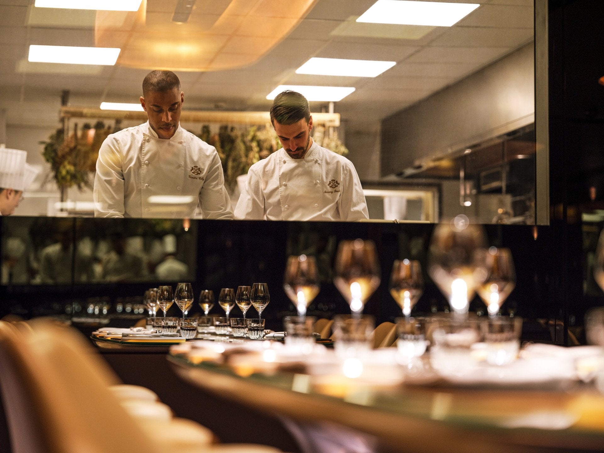 View from the Chef's table of Amaury Bouhours and Dimitri Coly in their kitchen at Le Meurice, Paris - Dorchester Collection