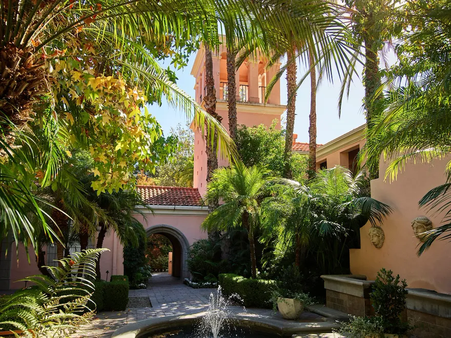 A fountain on a terrace in the gardens of Hotel Bel-Air, Los Angeles
