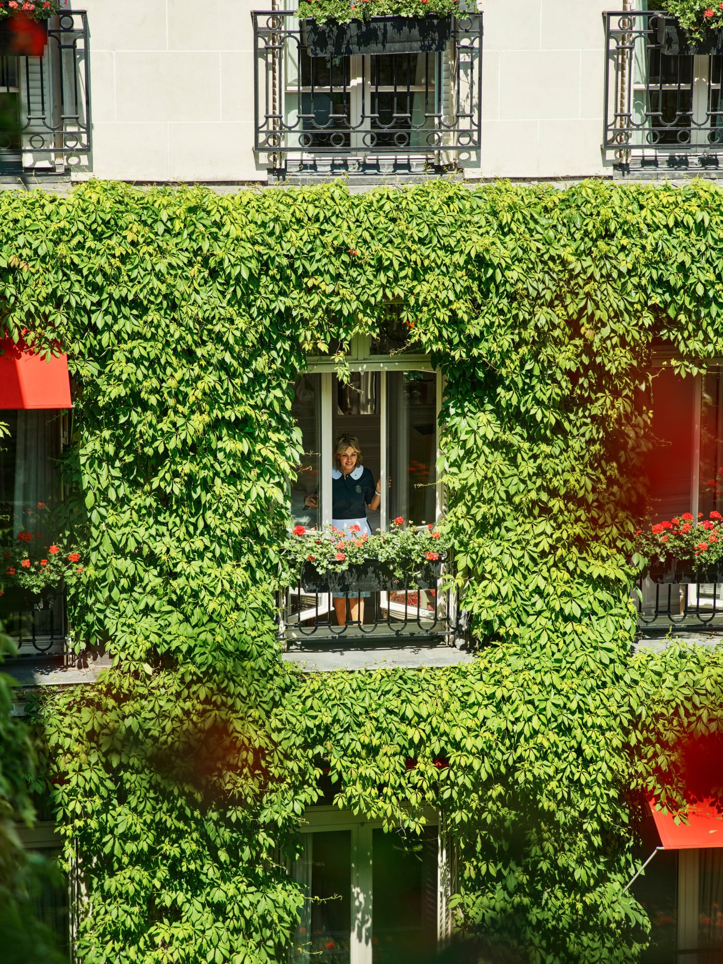 Maid in uniform seen from a room window and surrounded by the green vine of La Cour Jardin Courtyard, at Hotel Plaza Athénée, Paris