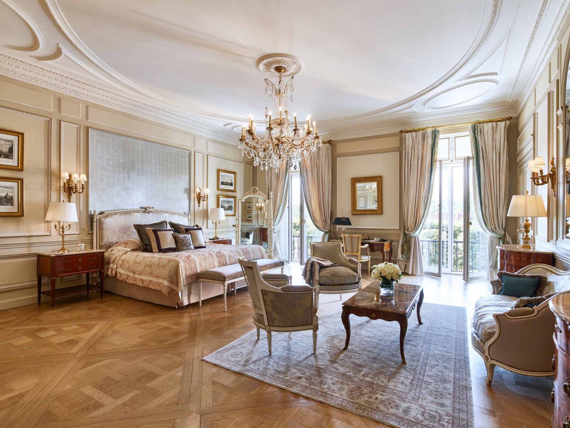 Overview of bedroom with details in the presidential appartment at Le Meurice, Paris.