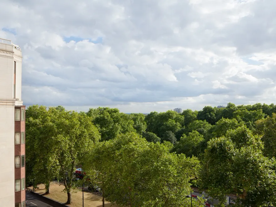 View overlooking Hyde Park from The Dorchester, featuring sweeping greenery, mature trees and a dramatic cloud-filled sky stretching across the horizon.