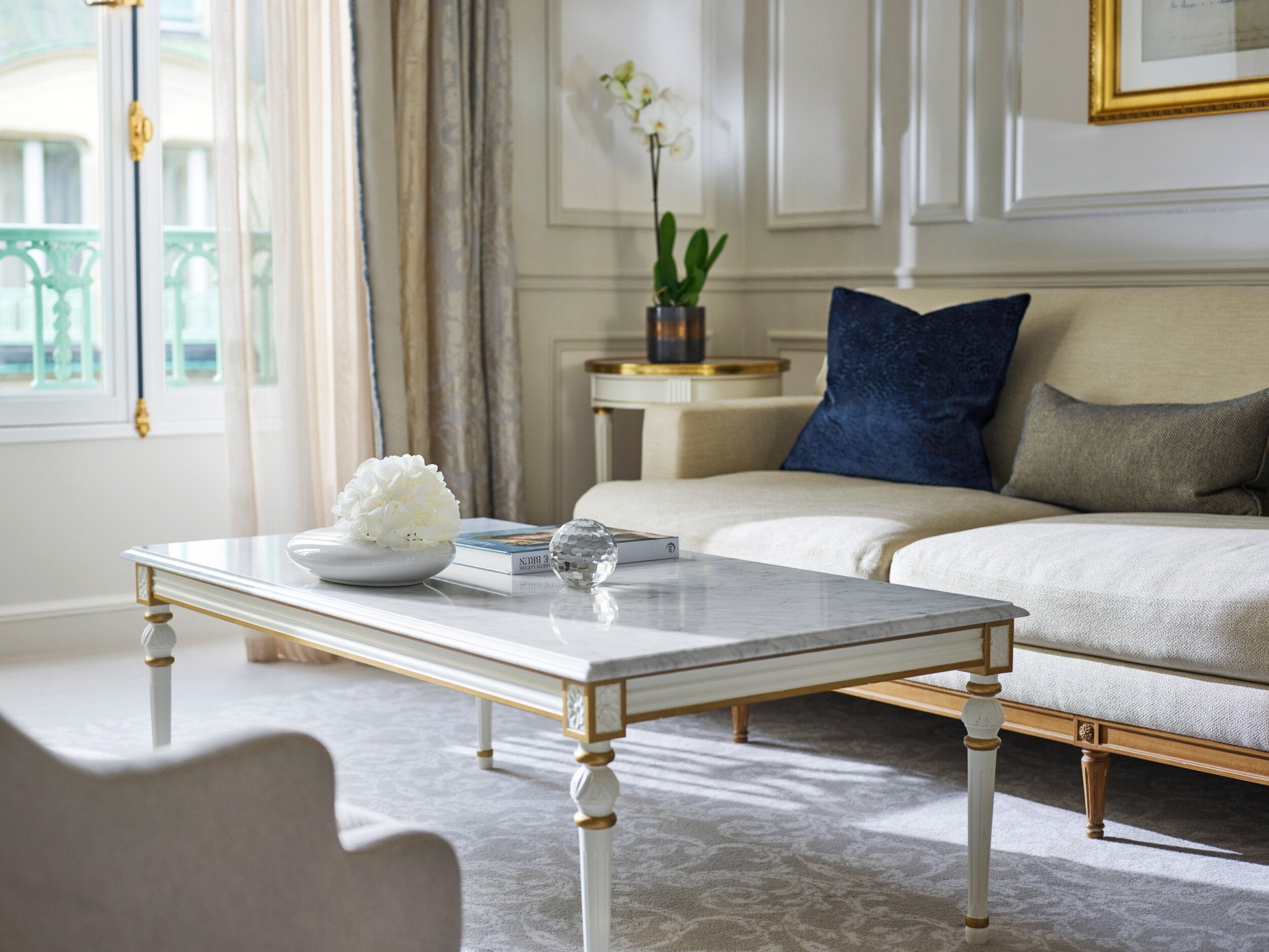 Closeup of the living room in a deluxe suite at Le Meurice, Paris.