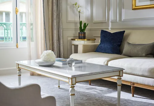 Closeup of the living room in a deluxe suite at Le Meurice, Paris.