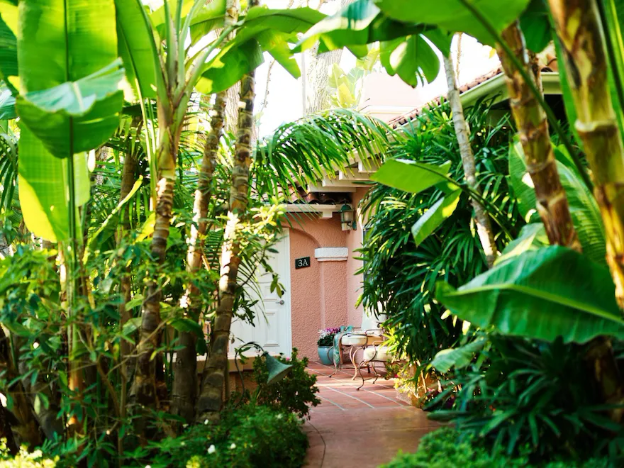 Bungalow 3A Exterior and lush foliage, The Beverly Hills Hotel, Los Angeles