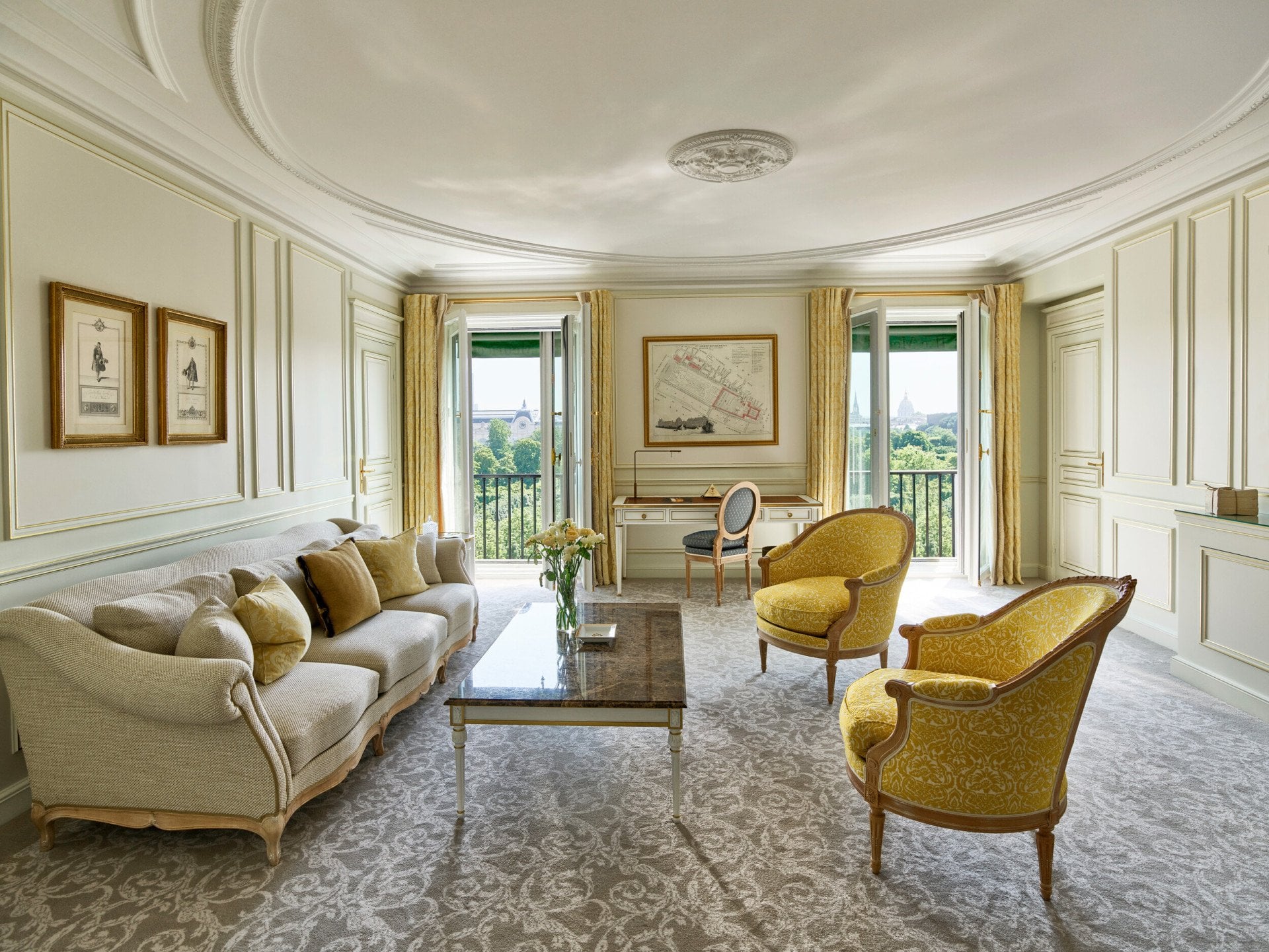 Landscape shot of the living room of a prestige suite at Le Meurice, Paris.