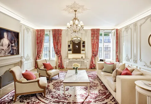 Living room facing windows in the Pompadour suite at Le Meurice, Paris.